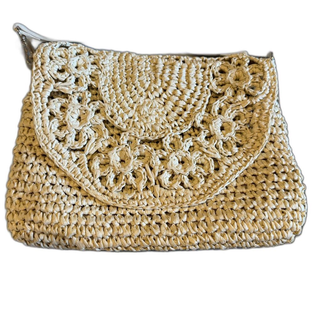 LC Lauren Conrad Crossbody Bag Woven Paper Straw Floral Cream Boho Festival